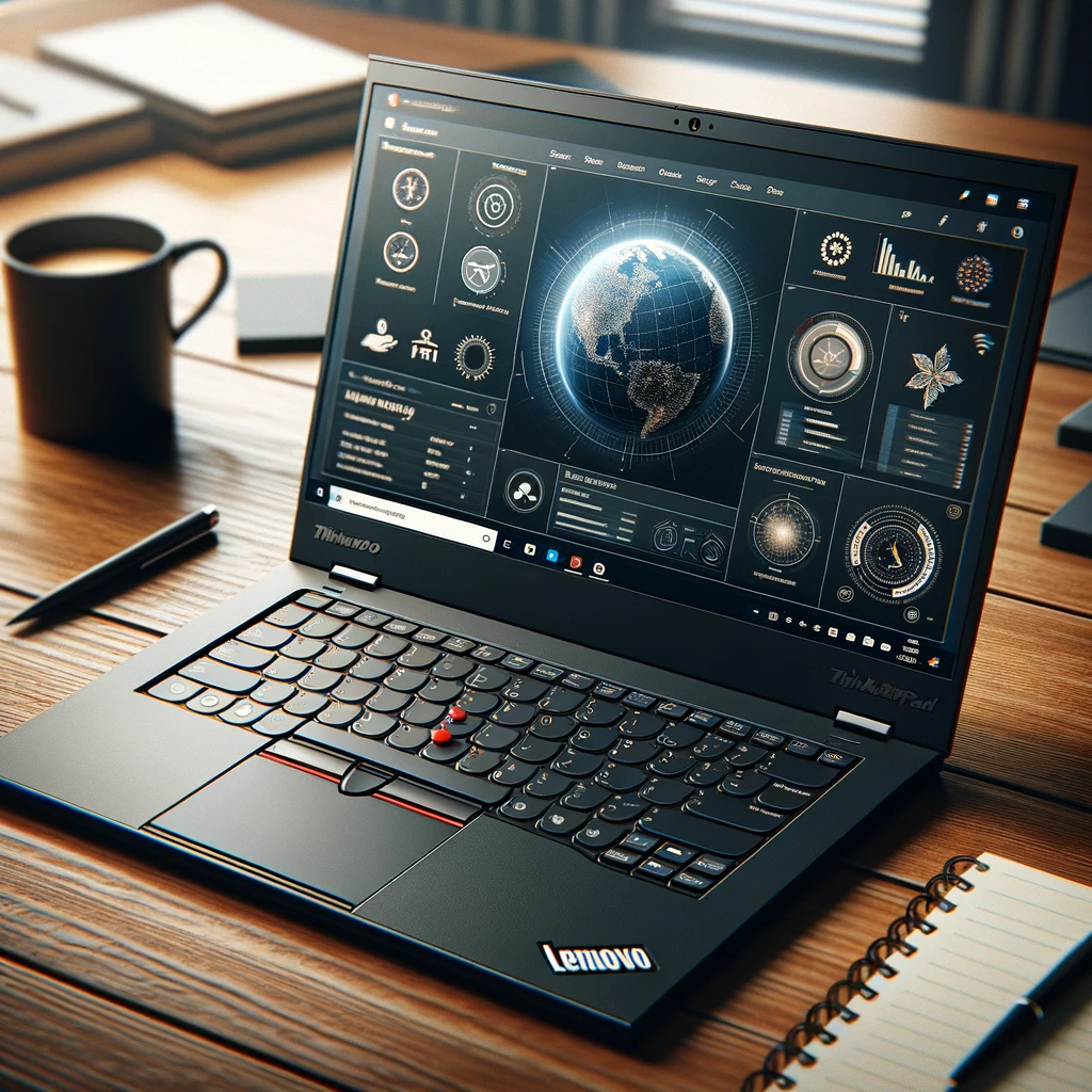 A-detailed-image-of-a-Lenovo-ThinkPad-T495-laptop-on-a-wooden-desk.-The-laptop-is-open-displaying-a-business-application-on-its-screen.-The-backgroun.